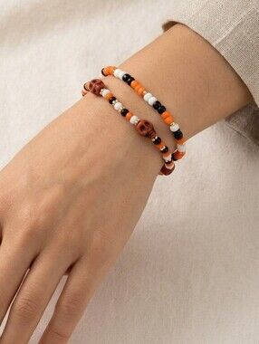 Handcrafted Halloween Themed Seed Bead Bracelet Set Of Two
